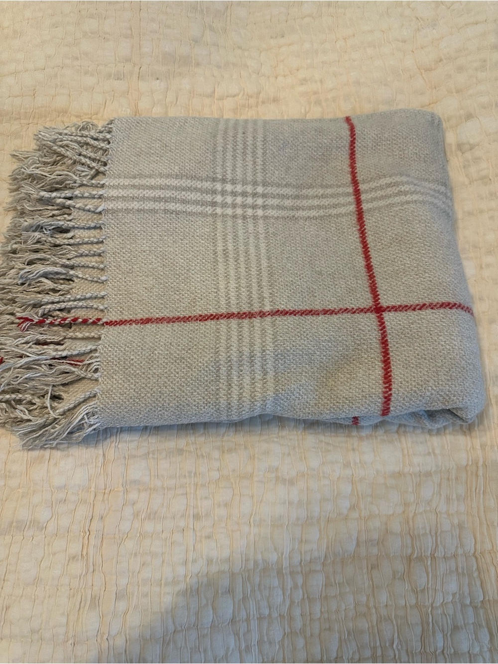 Made in Portugal Cotton Blend Light Gray Plaid Fringe Throw